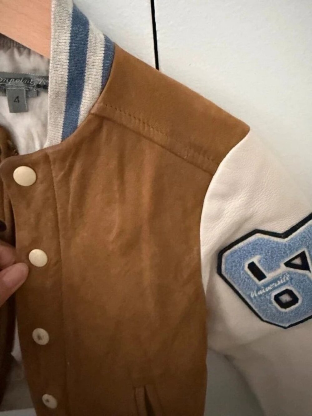 Bonpoint Kids Varsity Jacket – Tan Suede & Cream Leather, Size 4